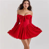 Elegant Strapless Backless Off-shoulder Long Flare Sleeve Pleated Club Party Mini Dress