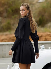 Elegant Stand Collar Long Sleeve High Waist Pleated Mini Dress
