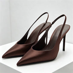 Brown Satin Slingback Pumps Pointed Toe Stiletto High Heel