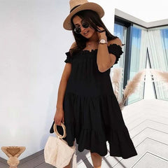 High Waist Casual Off Shoulder Short Sleeve Mini Dress