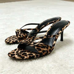Leopard Print Silk Narrow Band Mules Sandals Buckle Detail Slide Sandals Open-toe Stiletto Party Dress Shoes