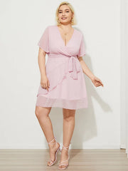 Plus Size V-neck Polka Dot Belt Design Ruffle Trim Midi Dress