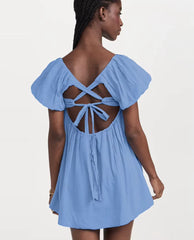 Elegant Classic Solid Loose Cotton Square Collar Short Sleeve Mini Dresses