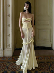 Elegant Ruffles Hollow Bandage Patchwork Mesh Maxi Fishtail Maxi Dress