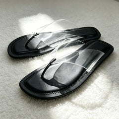 Transparent PVC Clip Toe Flip Flops Round-Toe Sewing Detail Flat Sandals Beach Sandals Sandalias