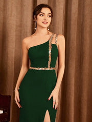 Elegant Strapless Sequin Ribbon Slit Backless Evening Party Ball Bridesmaid Maxi Dress