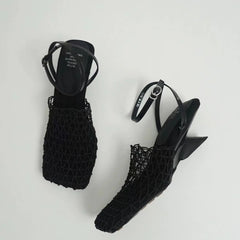 Luxury Designer Sandals Lace Mesh Square Toe Shallow Narrow Strap Braided Slip-on High Heel
