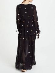 V Neck Long Sleeves Embroidered Boho Dress