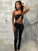 Elegant Irregular Single Shoulder Strap Sleeveless Skinny Hollow Jumpsuits