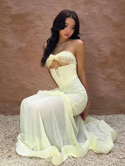 Elegant Ruffles Hollow Bandage Patchwork Mesh Maxi Fishtail Maxi Dress