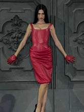 Pleated Square Collar Pu Leather Spaghetti Strap Evening Cocktail Party Dress