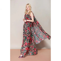 Floral Leopard Print Shawl Maxi Dress