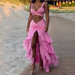 Elegant Solid V-Neck Hollow Out Backless Tank Top Layered Pleated Long Skirt 2 Piece Set