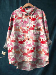 Women's Watercolor Crab Art Print Casual Cotton And Linen Shirt