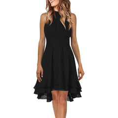 Elegant Cropped Layered Solid Halter Casual Sleeveless Chiffon Party Dress