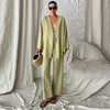 Casual Shirts Solid Pants Full Sleeve V-neck Shirt High Waist Two Piece Set
