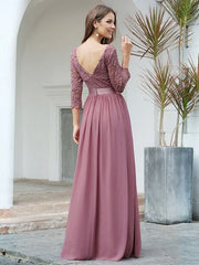Prom A-Line Half Sleeves Tulle Lace Floor-Length Dresses