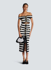 Elegant Slash Neck Striped Button zipper Office Lady 2 Pieces Bodycon Bandage Mid-calf Dress