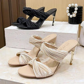 Elegant Satin Designer Slippers Open Toe Thin Stiletto Heel