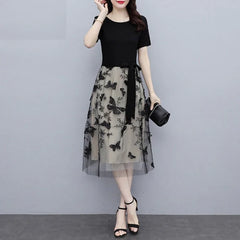 Mesh Casual O Neck Short Sleeve Midi Dress