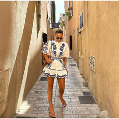 Floral Print Ruffles Mock Neck Puff Half Sleeve Single Breasted Mini Dress