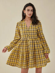Check Print Button V-neck Long Sleeve Casual Dress