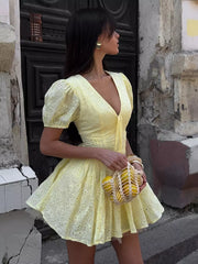 Elegant V-Neck Zipper And Daily Casual Puff Sleeves Eyelet Mini Dress