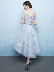 Off The Shoulder Applique Short Sleeve A Line Asymmetrical Graduation Dress