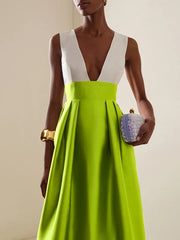 Elegant High Waisted Deep V-Neck Party Wedding Guest Evening Cocktail Maxi Dresses
