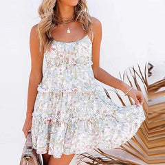 Elegant Strap Print Ruffles Party Mini Dress