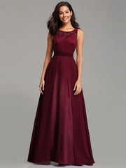 Prom Jewel Neck A-Line Sleeveless Chiffon Lace Floor-Length Dresses