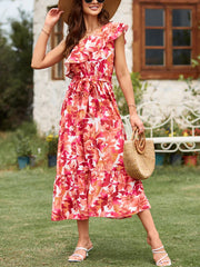 Bohemian Style Sleeveless Shoulder Elastic Waist Ruffle Twisted Layers Dress