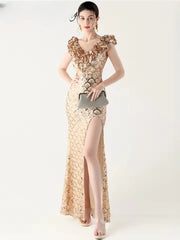 Elegant Solid Backless V-Neck Sequin zipper Party sleeveless Long Maxi Dresses
