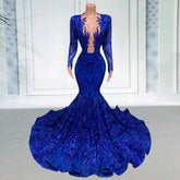 Elegant Mermaid Prom Party Long Sleeves O-neck Sequin Wedding Evening Gowns