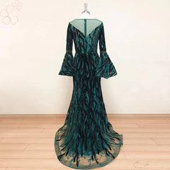 Elegant Velvet Long Sleeves Crystal Mermaid Formal Wedding Prom Party Gowns