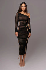 Diagonal Collar Long Sleeve Two Layer Mesh Backless Ruched Bodycon Midi Dress