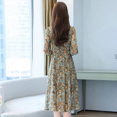 Floral Long Sleeve Midi Casual Dress