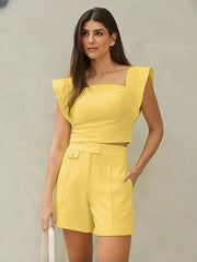 Casual Sleeveless Crop Top With Streetwear High Waist Slim Shorts Set Two Piece