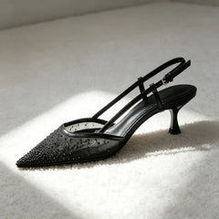 Crystal Detail Pointed-Toe Pumps Breathability Mesh Kitten-Heel Sandals Cozy Adjustable Back Strap Designer Shoes