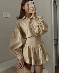 Elegant Loose Long Sleeve Shirt With High Waist Mini Pleated Skirt 2 Piece Set