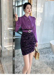 Elegant Formal Occasion 2-Piece Shirt Sequin Slim Pencil Short Dress