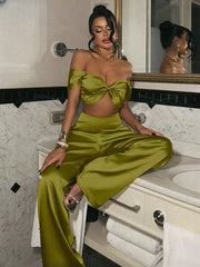 Elegant Sleeveless Crop Top With High Waist Wide Pants Two Piece Sets
