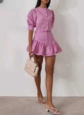 Short Sleeve Crop Top With High Waist Slim Cotton 2 Piece Mini Skirt Set