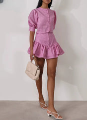 Short Sleeve Crop Top With High Waist Slim Cotton 2 Piece Mini Skirt Set