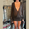 Casual Deep V Neck Long Sleeve See Through Mesh Shirtdress Mini Dress