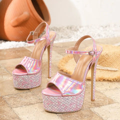 Street Style Bling Sequin Buckle Strap Platform Sandals Ultra Stiletto High Heel