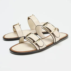 Comfortable Beige Soft Leather Flat Sandals Metal Buckle Designer Shoes