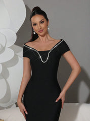 Elegant Diamond Off Shoulder Bandage Short Sleeved Crystal Prom Gown Dresses