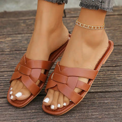 Womens Slide Sandals Casual Flat Square Open Toe Perfect Ladies' Casual Versatile Outdoor Wear Flat Slippers Wearing Outside