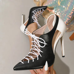 Novelty Patchwork Design Gladiator Sandals Pointy Toe Cross Lace Up High Heel